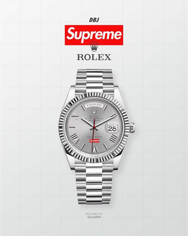 有些部落客放在網(wǎng)路上的假想圖則比較類似BAMFORD改錶的模式，例如把Day-Datey拿來(lái)小改，在面盤6點(diǎn)方向加Supreme標(biāo)誌，然後把星期窗加上”FUCK EM”字樣等。（IG@dropsbyjay）