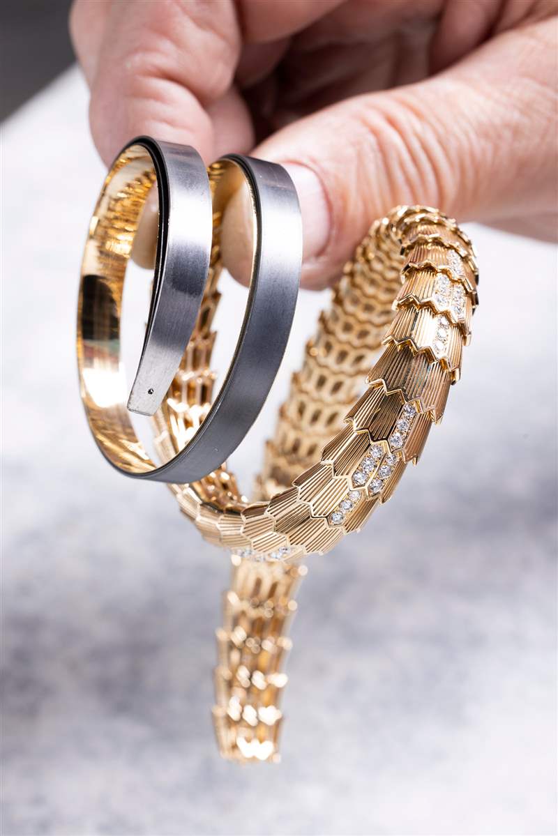 展示內部彈簧的表殼結構，Serpenti Misteriosi