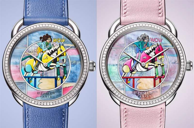 愛馬仕Arceau限量表于珍珠母貝面盤微繪畫上漫畫風(fēng)格絲巾圖案