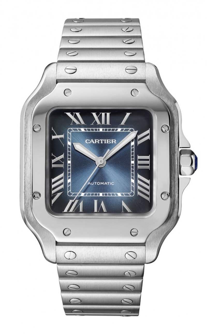 Santos中型款- 不鏽鋼材質(zhì)／1847 MC自動(dòng)上鍊機(jī)芯／時(shí)、分、秒顯示／藍(lán)寶石水晶鏡面／防水100米／錶徑35.1x35.1mm（CARTIER）